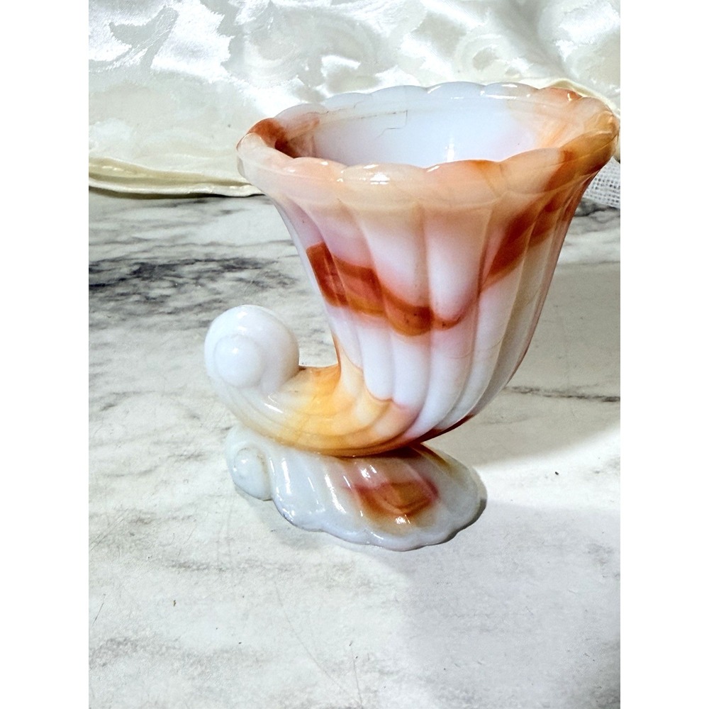 Slag AKRO Agate Orange / White Glass Cornucopia Toothpick Holder (3380)